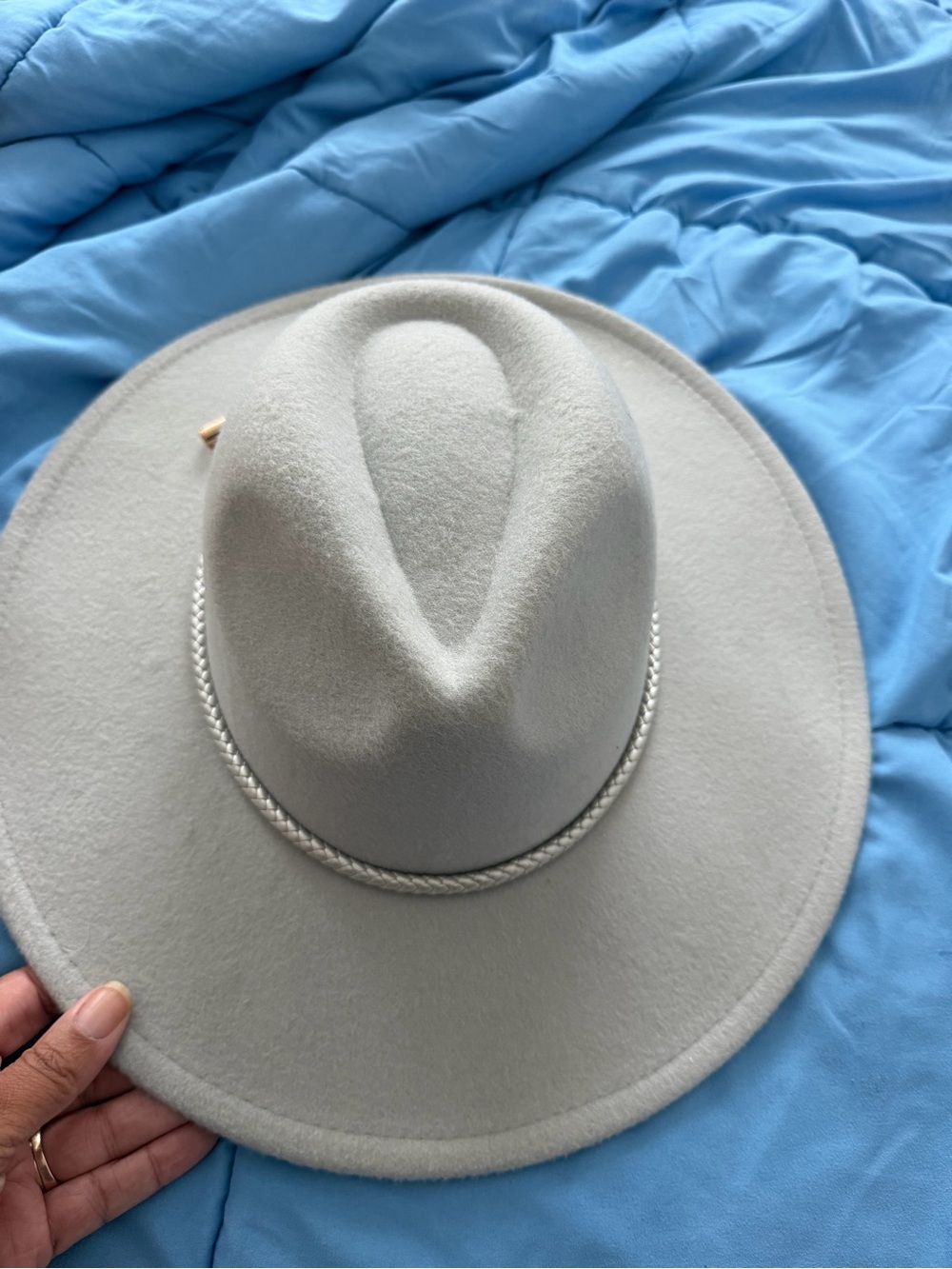 Womens Wide Brim Felt Fedora Hat in Light Gray with Braided Trim